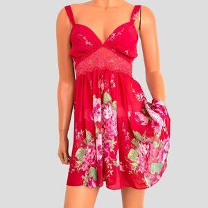 9Os Y2K Babydoll Slip Dress Women’s M Sheer Mini Red Floral Fairy Whimsigoth
